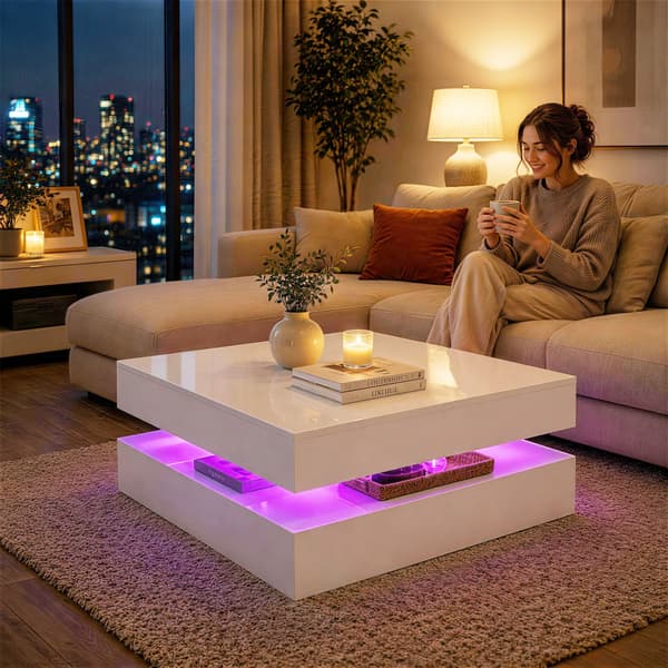LED-soffbord med förvaring 78x78x40 cm högblank vit
