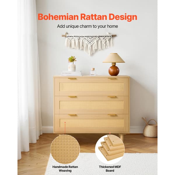 Kommode, 3-skuffers rattan kommode, 80x35x77 cm, naturtræ, opbevaring