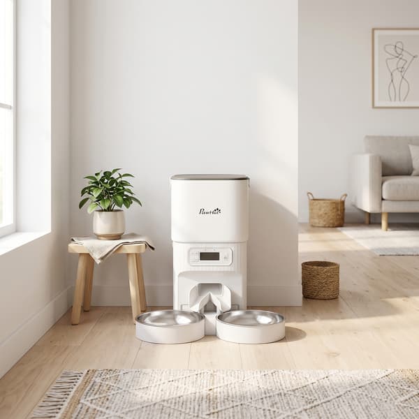 Automatisk kattefodrer med timer 2 rustfri stålfade 33x30,5x30 cm hvid