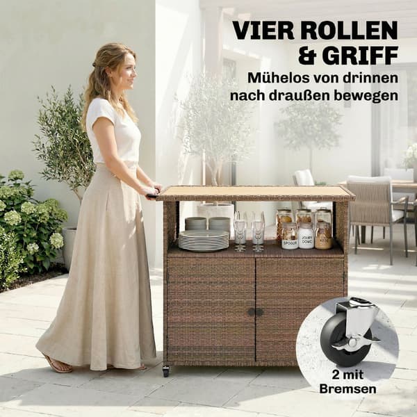 Serveringsvogn 95x54x84 cm Brun Rattan og Eukalyptustræ