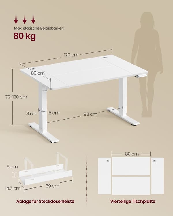 Höj- och sänkbart skrivbord 120x80 cm, matt vit, USB-C