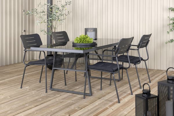 Spisegruppe, bord 77 x 193 x 90, glas/polyester/stål, sort