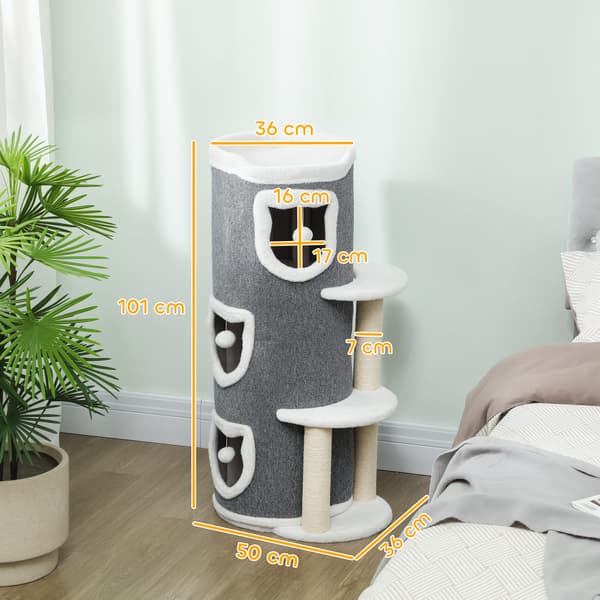 Kattelegetårn 101 cm 3 niveauer 3 sovehuler 50x36x101 cm grå