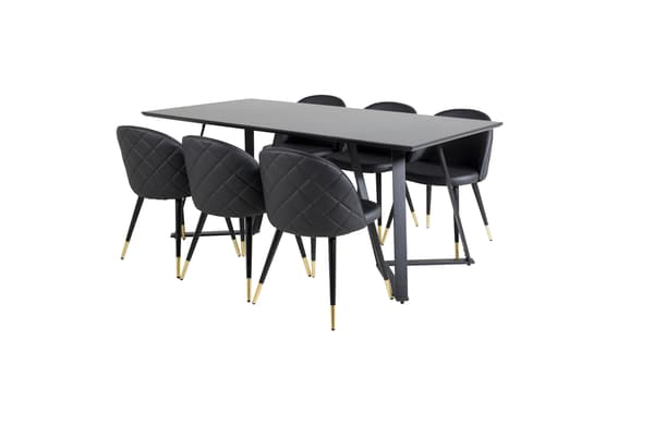 Spisebord og fløjls spisebordsstole, sort
