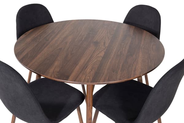 Spisebord og stole sæt Plaza 100 cm valnød sort stof