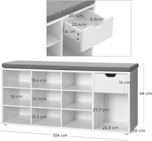Skobænk 104x30,5x48 cm Hvid Grå Opbevaring