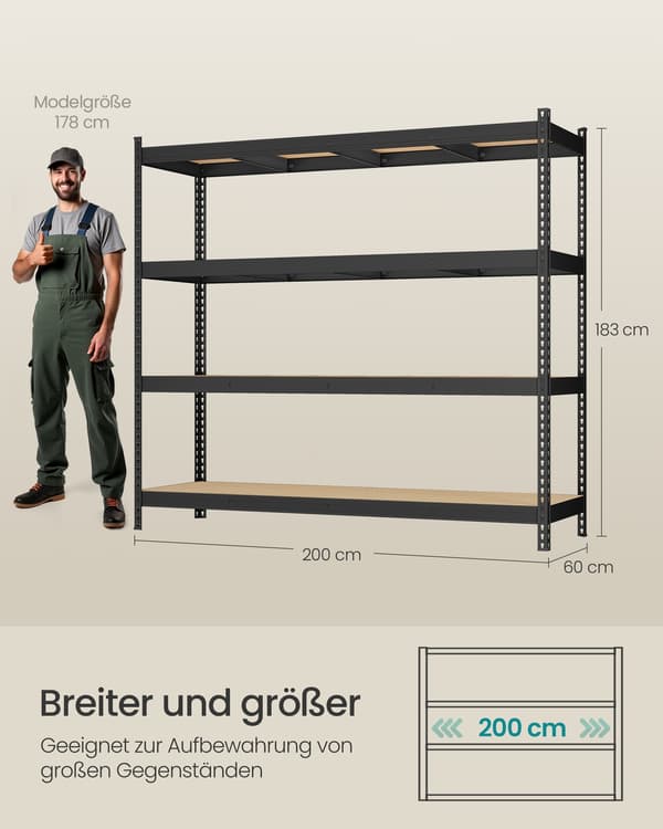 Robust reolenhed, 60x200x183 cm, Sort, Stål