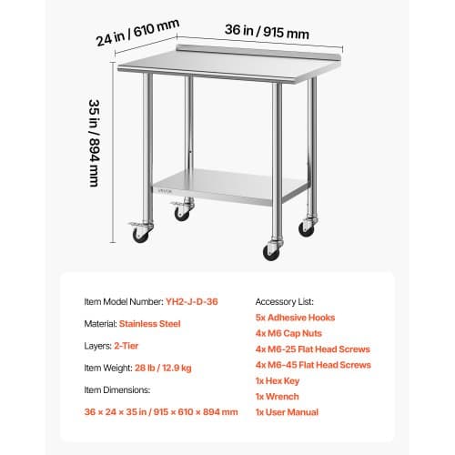 Arbejdsbord 61x91x89,4 cm Rustfrit Stål Justerbar Opbevaring