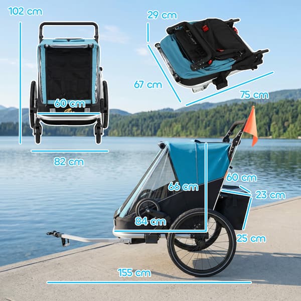 Barncykelvagn för 2, 155x82x102 cm, blå