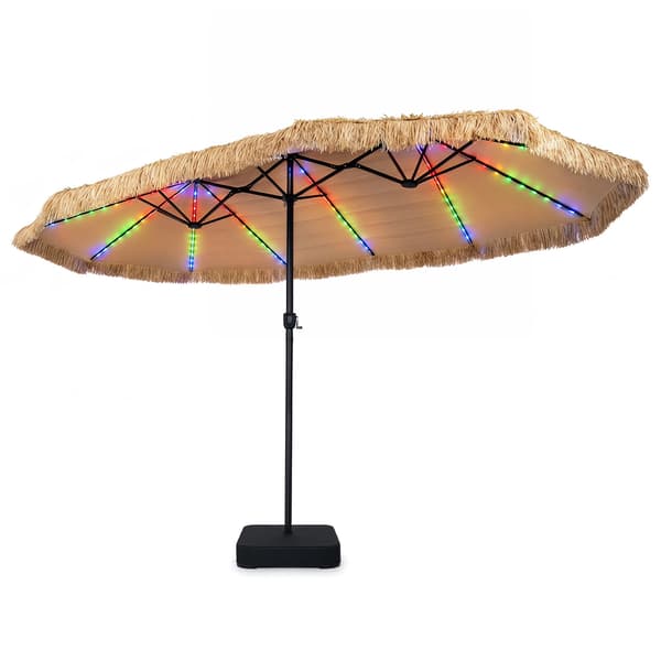 Dobbelt-sidet terrasseparasol med fod 15x9 ft brun/multifarvede lys