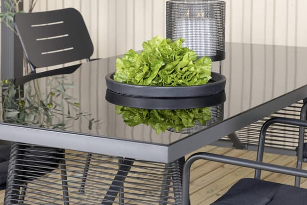 Spisegruppe, bord 77 x 193 x 90, glas/polyester/stål, sort