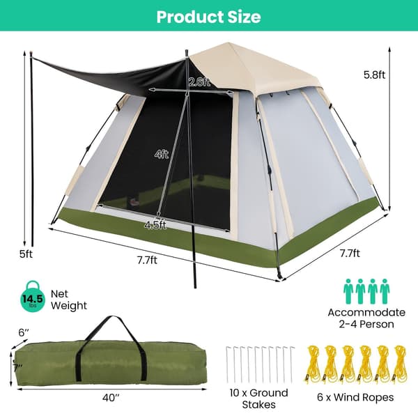 Camping Telt, 220x220x177 cm, Beige, Grøn, Grå