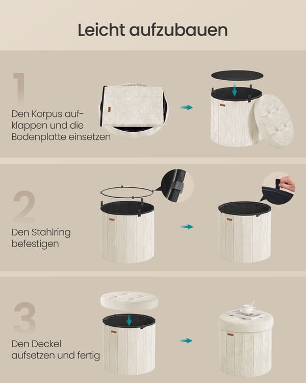 Rund opbevaringspuf, foldbar, PU-læder, 65 L