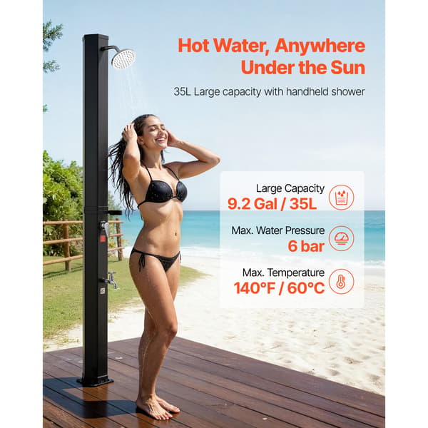 Udendørs solopvarmet bruser, 35L, 40x25.5x216 cm, sort