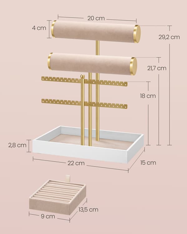 Smyckeshållare med bricka, sammet, blekguld-kamelbrun
