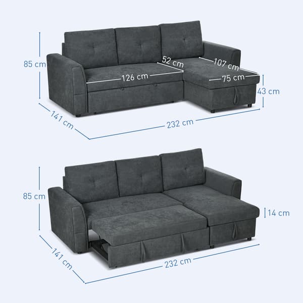 Bäddsoffa med schäslong, 232x141x85 cm, mörkgrå, tygklädsel