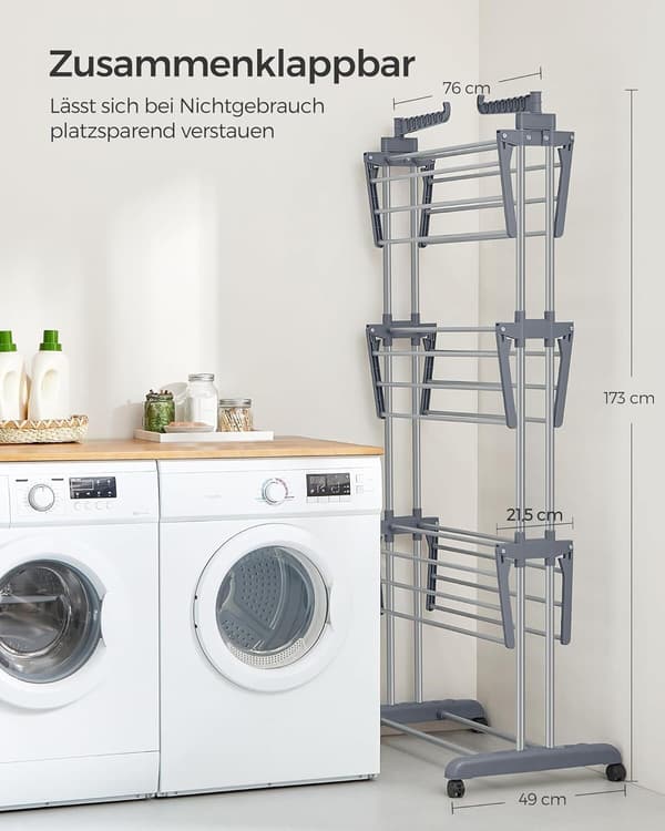 Tørrestativ 4-niveau foldbart med hjul 63,5 x 128 x 173 cm grå