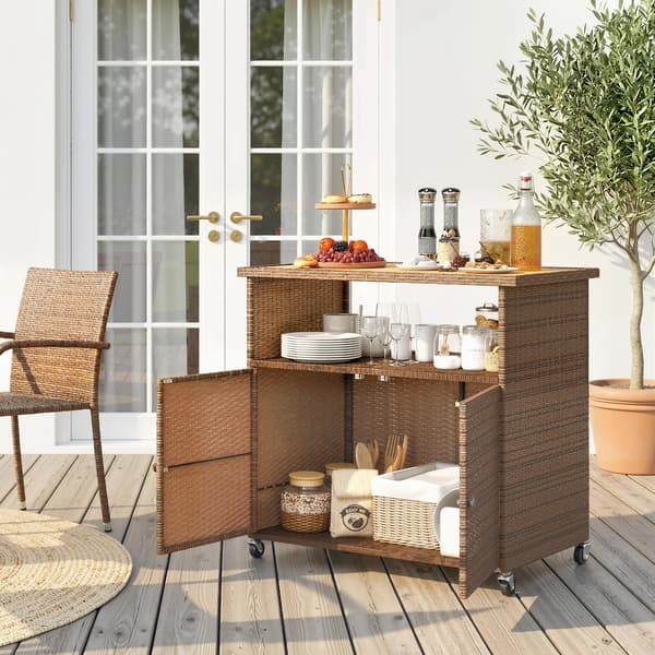 Serveringsvogn 95x54x84 cm Brun Rattan og Eukalyptustræ