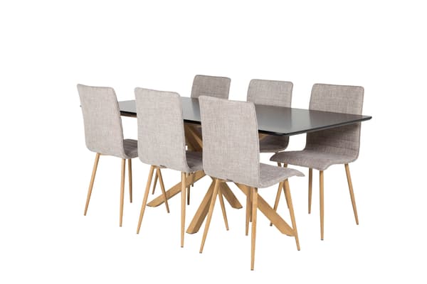 Spisebord og stol sæt 180x90x75 cm sort egetræ-look lys grå