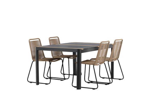Spisebord og stol sæt 150x100 cm sort teak beige reb