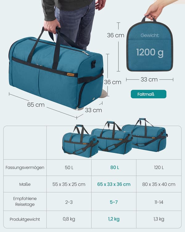 Blå foldbar 80 L sportstaske med sko- og vådrum