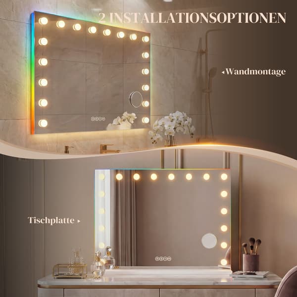 Makeupspejl, 80x14x60 cm, Hvid, LED-belysning