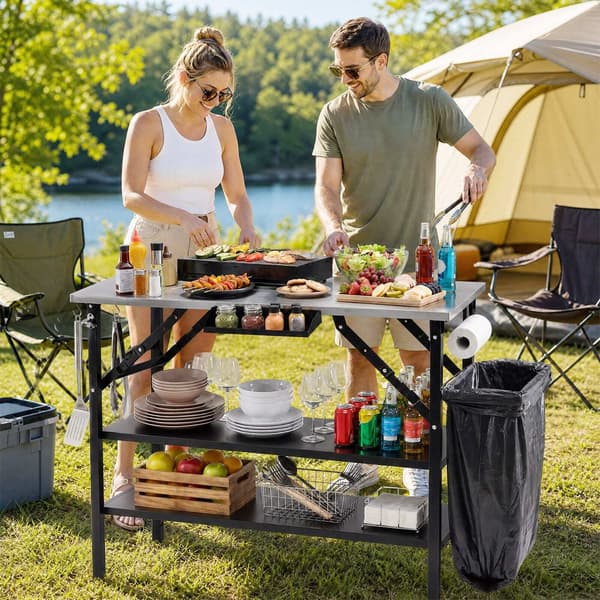 Sammenklappeligt campingbord med 2 rustfri ståloverflader, bærbart grillbord med krydderihylde