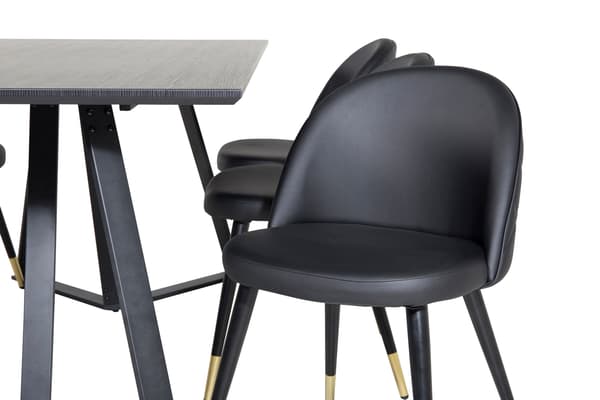 Spisebord og fløjls spisebordsstole, sort