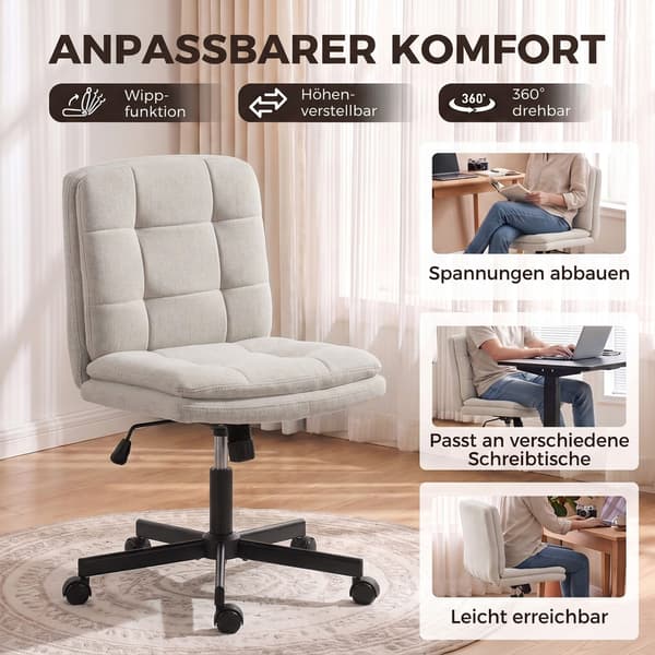 Kontorstol uden armlæn i linned-look, med dobbelt lag polstring, vippefunktion, lysegrå