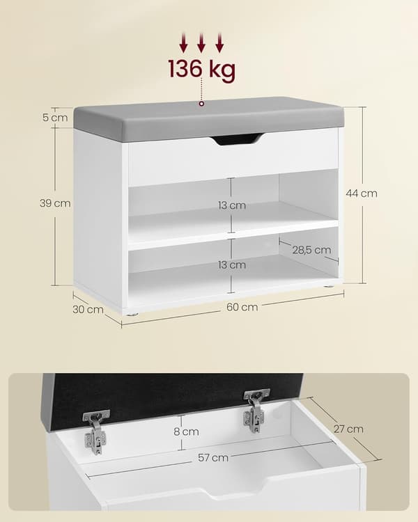 Skobänk 60x30x44 cm Vit Förvaring