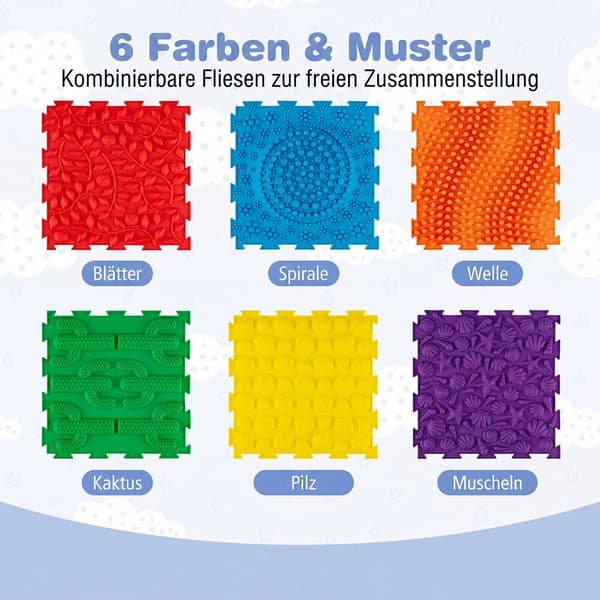 Sensoriske måtter 6 stk 30,5x30,5x1,3 cm multifarvet