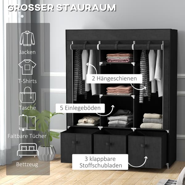 Stofgarderobe 125x43x162,5 cm Sort, sammenklappelig