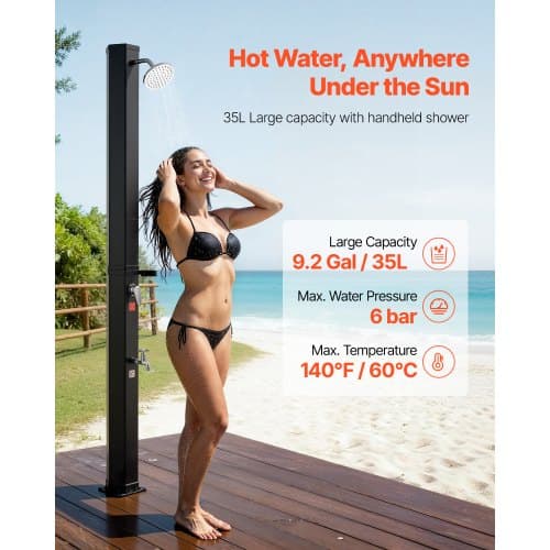Udendørs solopvarmet bruser, 35L, 40x25.5x216 cm, sort