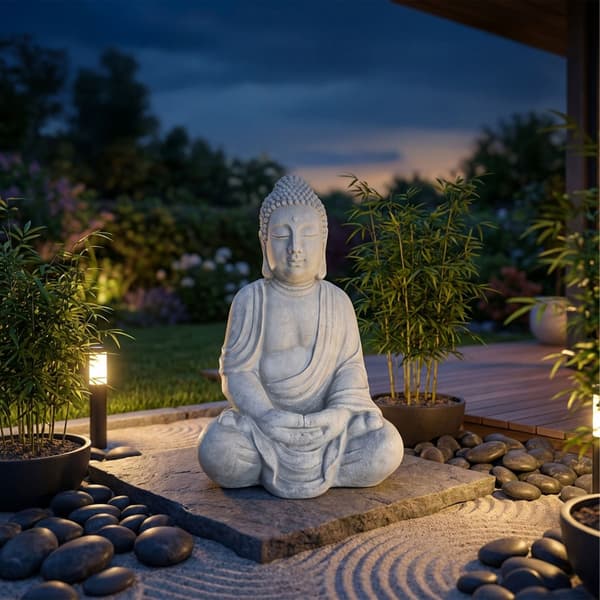 Buddha-patsas, 71x49x34 cm, vaaleanharmaa, polyresiini, Kodustaar