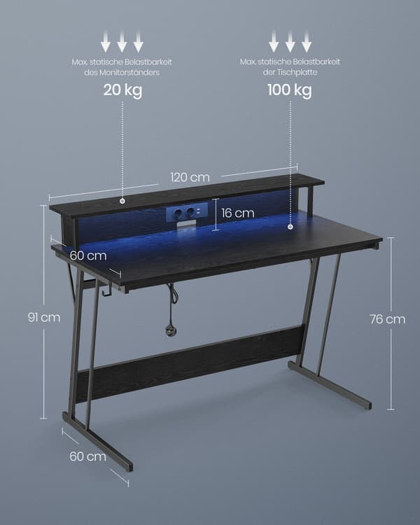 Gaming skrivebord, 120x60x91 cm, sort