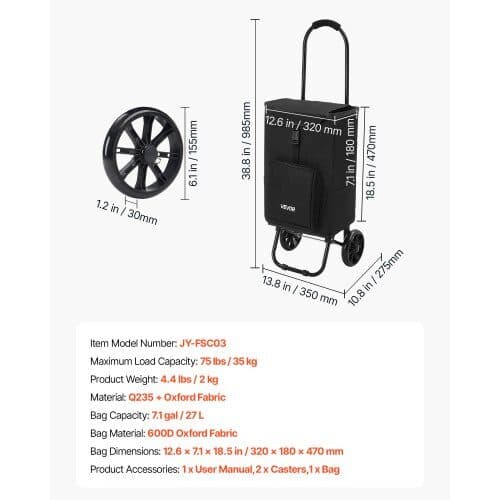 Indkøbsvogn med hjul foldbar 58x35x15.5 cm sort