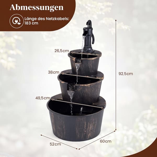 3-etagers havefontæne med pumpe, 52 x 60 x 92,5 cm