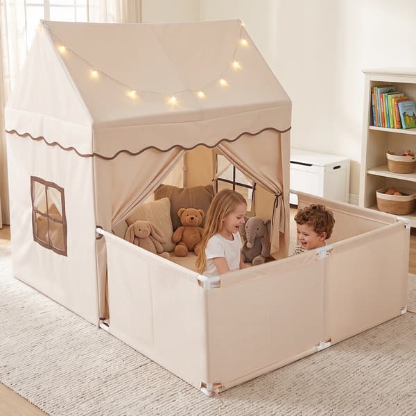 Lasten leikkiteltta lisäpihaosalla ja pehmustetulla matolla, beige + ruskea