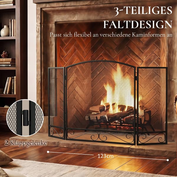 Sammenklappelig 3-delt metal gnistskærm til pejs, 123 x 70 cm, sort