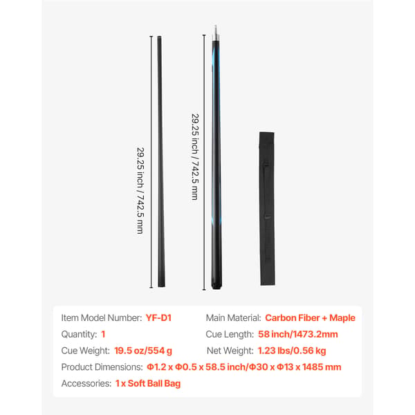 Pool Cue, Jump Break Cue 147.3x3x5 cm, Kulfiber, Billardkø