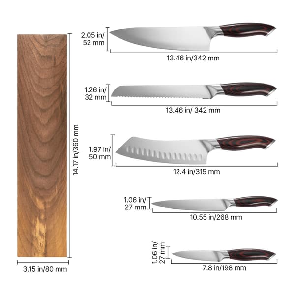 Knivsæt til køkken, 6 dele, 34.2x5.2x20.8 cm, brun, rustfrit stål
