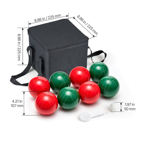 Bocce-pallosetti, 107 mm, punainen ja vihreä, hartsi, ulkopeli