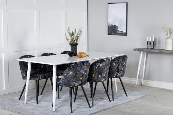 Spisebord og fløjls spisebordsstole 180 cm hvid sort