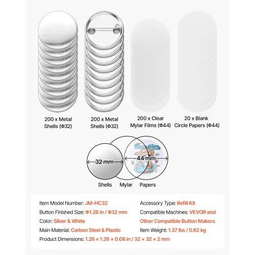 Påfyllningskit för knappmaskin 200 set Ø32 mm silver/vit