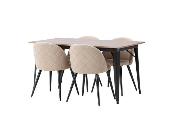 Spisebord og stol sæt Tempe 140x80 cm Sort valnød Beige stof