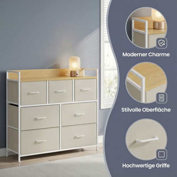 Kommode 7 stoffskuffer 28,5x98x85 cm hvit