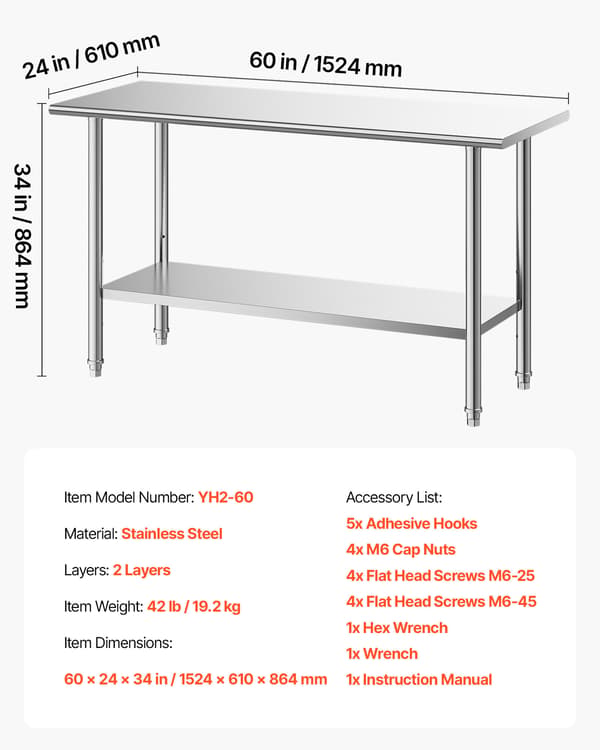 Arbejdsbord 61x122x86,4 cm Rustfrit Stål