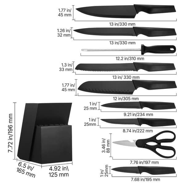 Knivsæt til køkken, 15 dele, 16.2x16.5x32.5 cm, sort, rustfrit stål