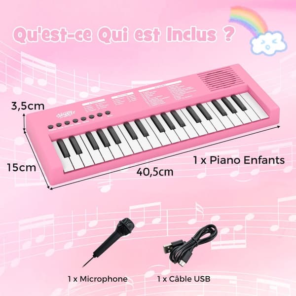 Børneklaver Keyboard, 40.5x15x3.5 cm, Pink, ABS
