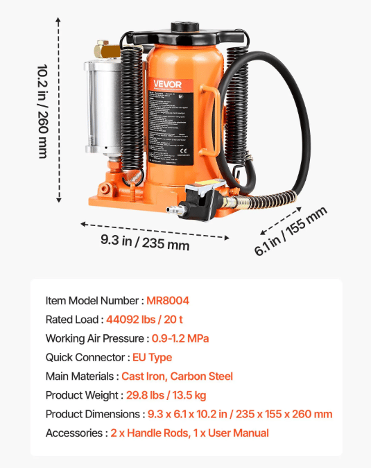 Hydraulinen pullotunkki, 260x155x260 mm, oranssi, raskas käyttö